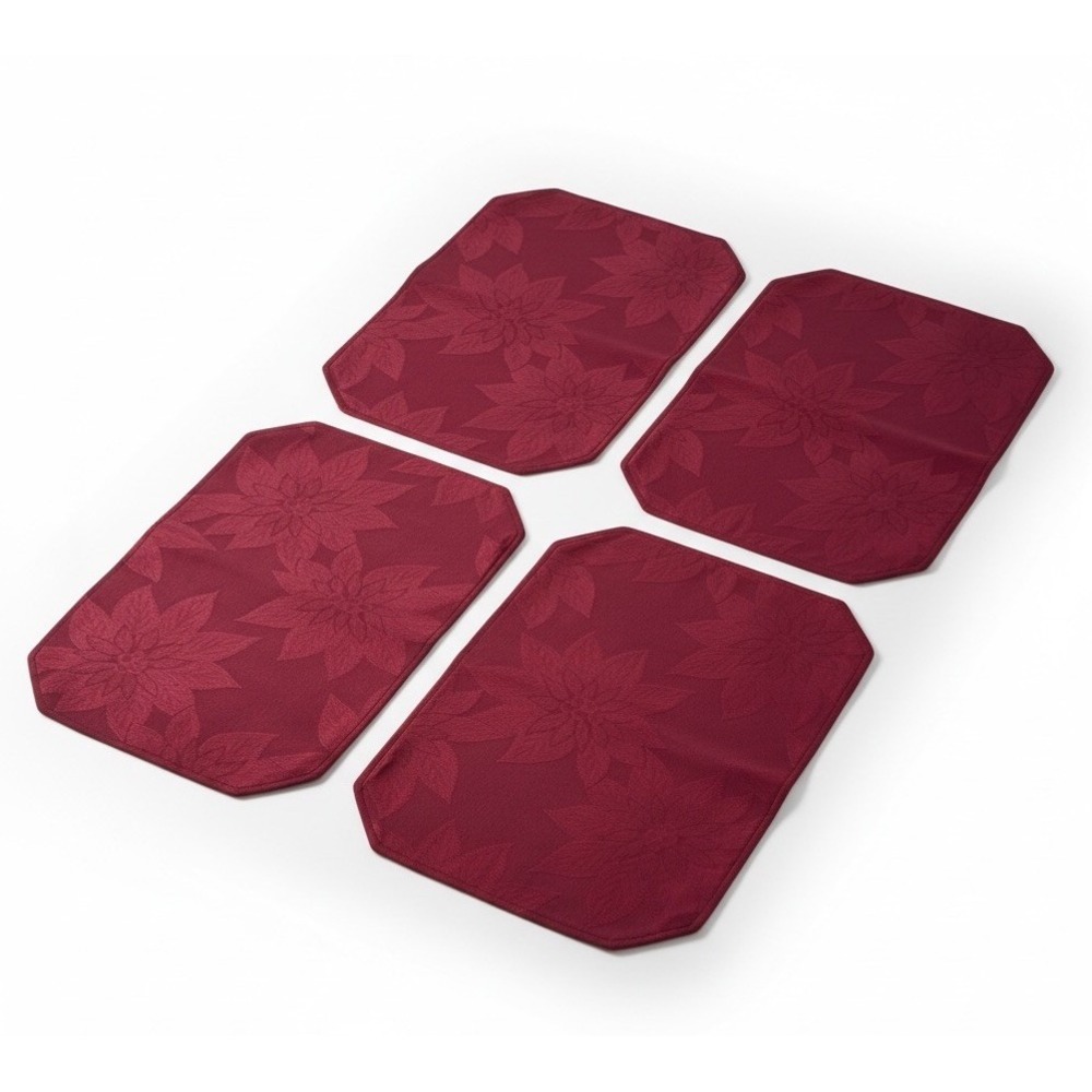 Burgundy Red Poinsettia Placemats Set of 4 Fabric Christmas Holiday Decor